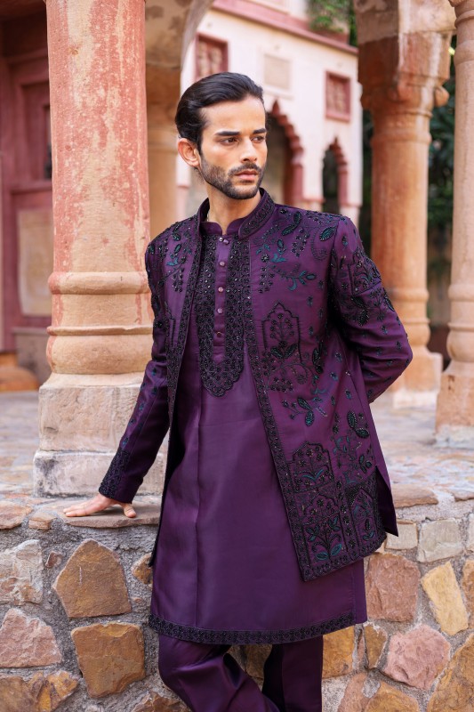 Designer wine hand embroidered indo-western