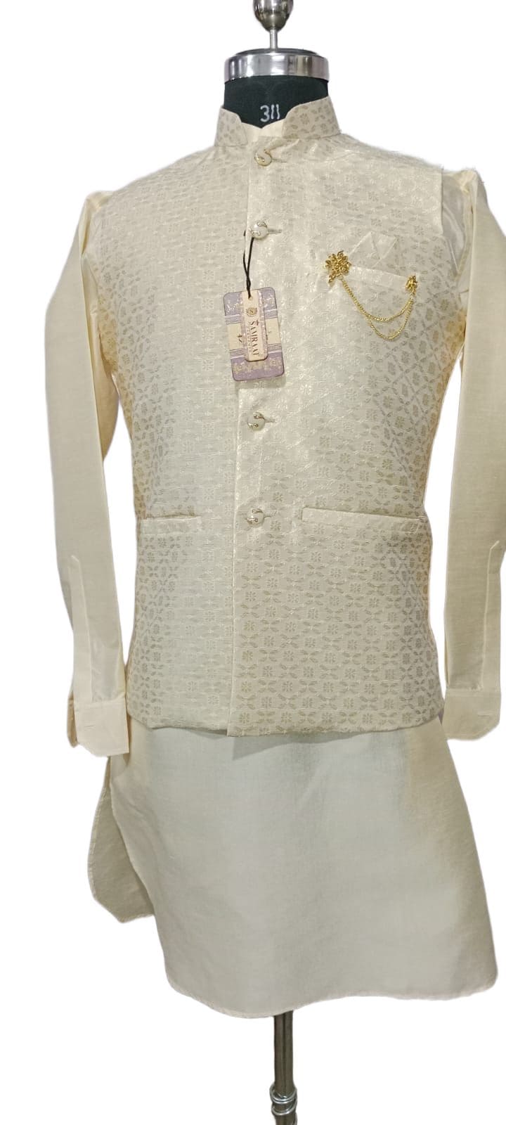 Creamish thread woven nehru jacket kurta