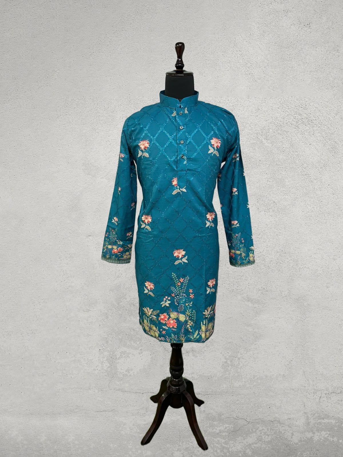 Teal blue designer kurta with  border embroidery 