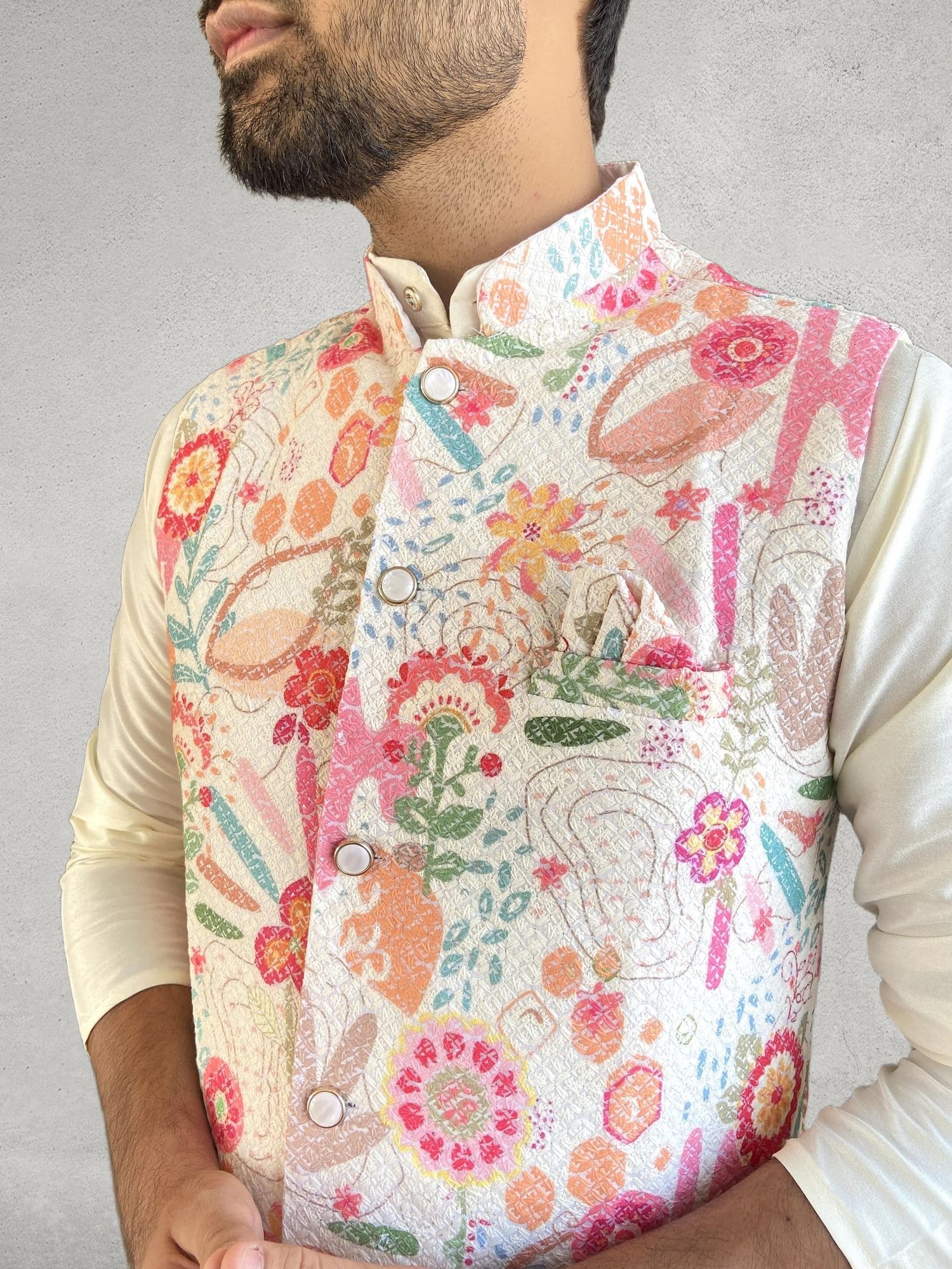 Ivory kurta with pastel pink koti embroidery