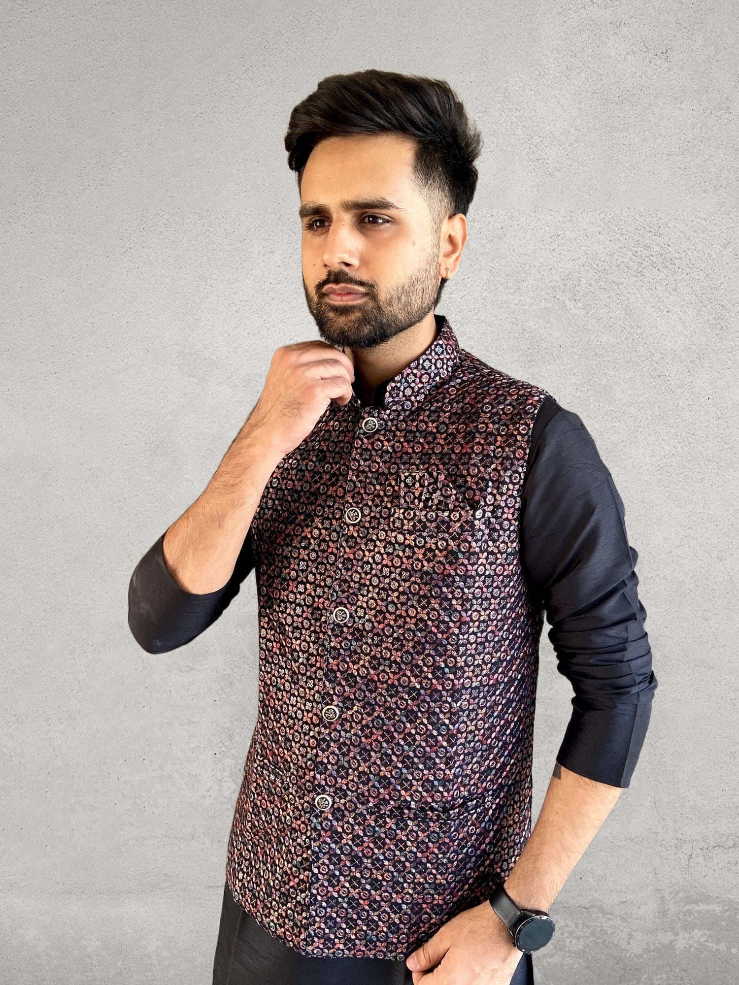 Black kurta with multicolour jacket embroidery